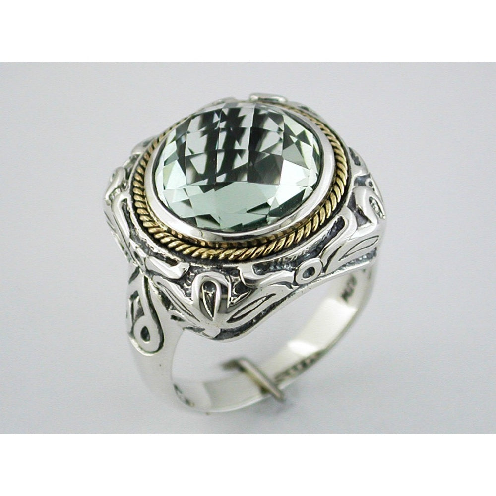 Silver and Gold Two-Tone Statement Ring with Round Green Amethyst - 6.30 Carat Total Gem Weight - Royal Jewelry
