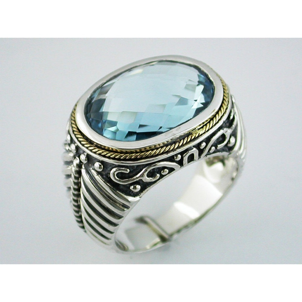 Silver and Gold Two-Tone Vintage Statement Ring with 11.00 Carat Checkered Board Cut Blue Topaz - Royal Jewelry