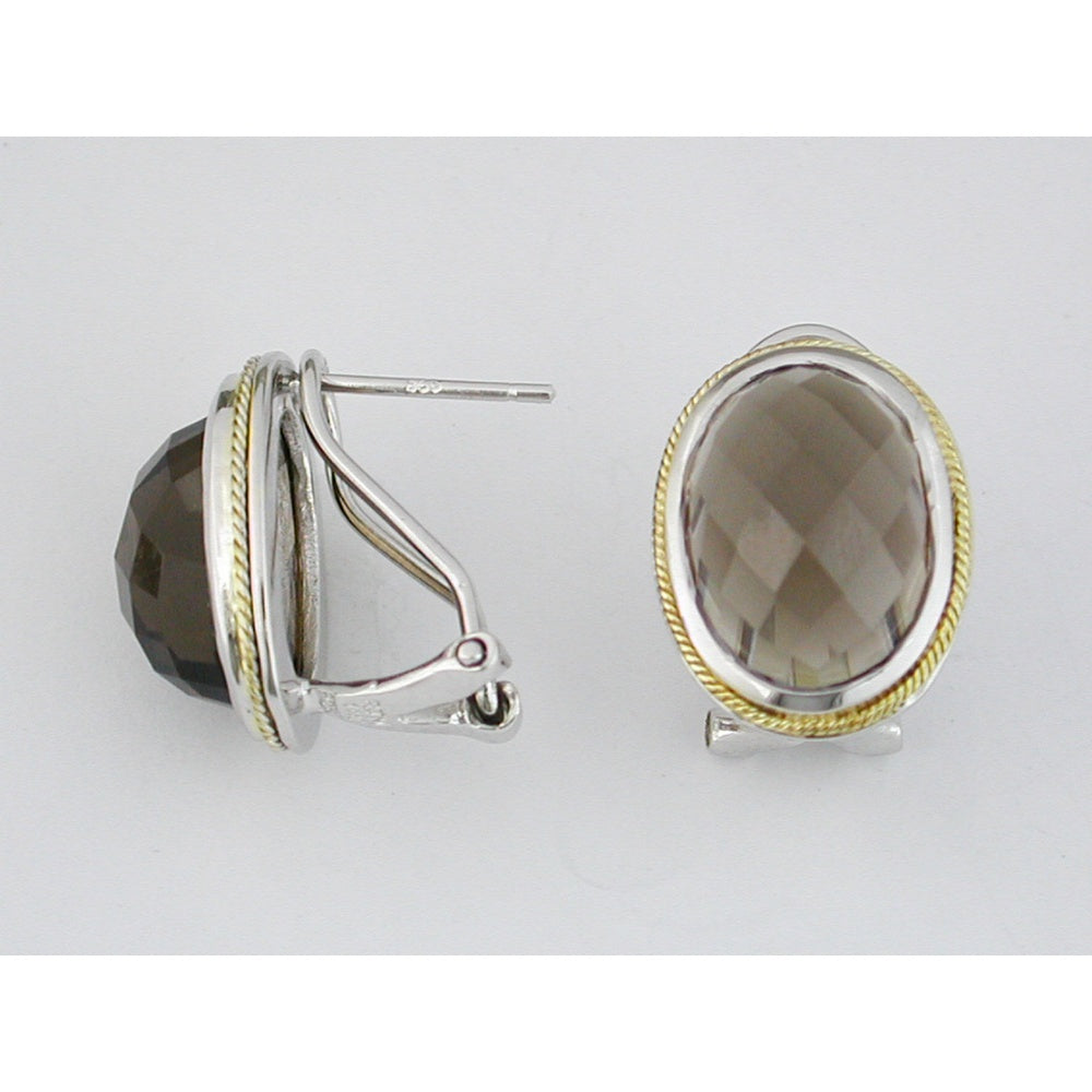 Silver and Two-Tone Gold Rope Border Earrings with Checkerboard Faceted Oval Smoky Quartz - 13.00 Carat Total Gem Weight - Royal Jewelry