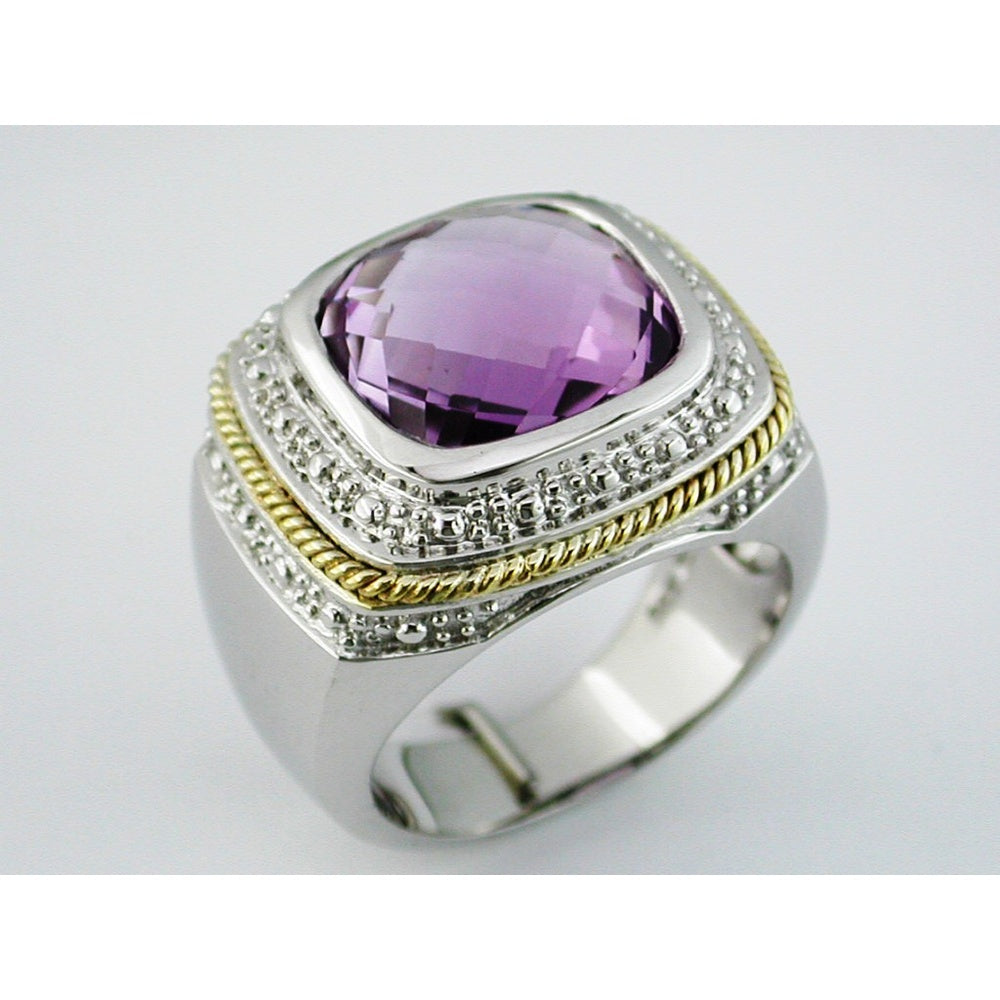 Silver and Yellow Gold Accent Ring with 6.75 Carat Cushion Cut Checkered Board Amethyst - Royal Jewelry