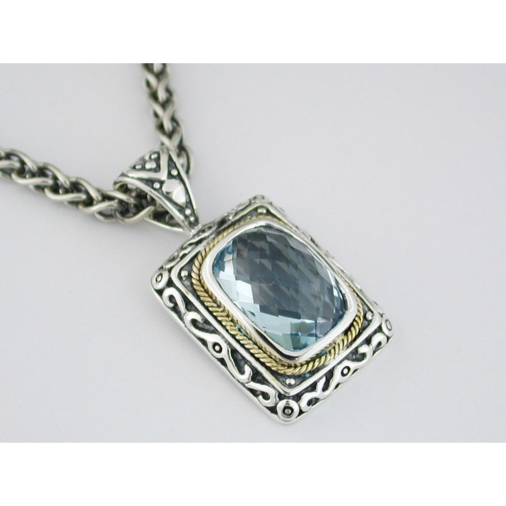 Silver and Yellow Gold Accented Pendant Featuring 8.00-Carat Checkered Board Cut Blue Topaz - Royal Jewelry