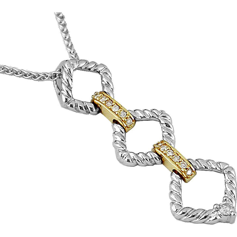 Silver and Yellow Gold Geometric Link Pendant with Pavé Set Round Diamonds - 0.14 Carat Total Diamond Weight - Royal Jewelry