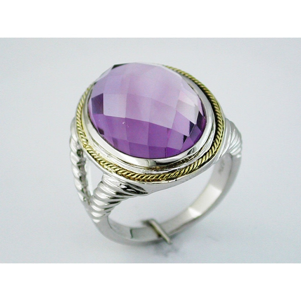 Silver and Yellow Gold Ring with Faceted Oval Amethyst - 12.00 Carat Total Gemstone Weight - Royal Jewelry