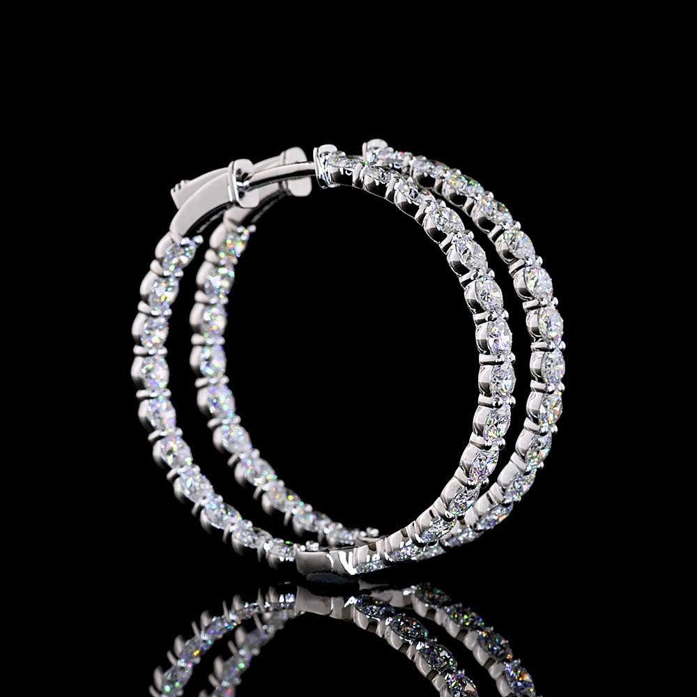Silver Double Row Medium Hoop Earrings with Prong Set Round Lab Diamonds - 4.39 Carat Total Diamond Weight - Covaloro Fine Jewelry