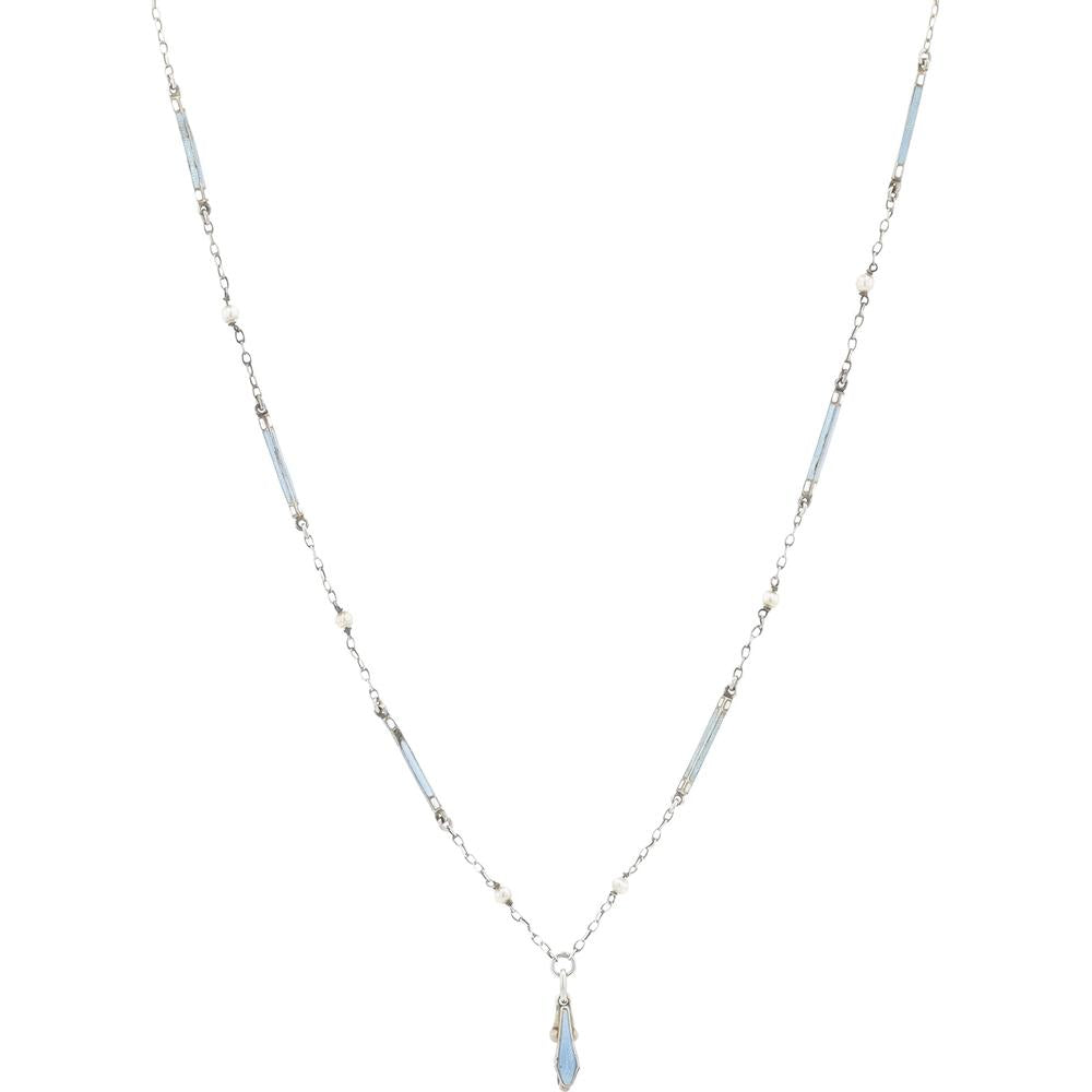 Silver Pearl & Enamel Watch Chain Necklace - 24" Length - C. 1890
