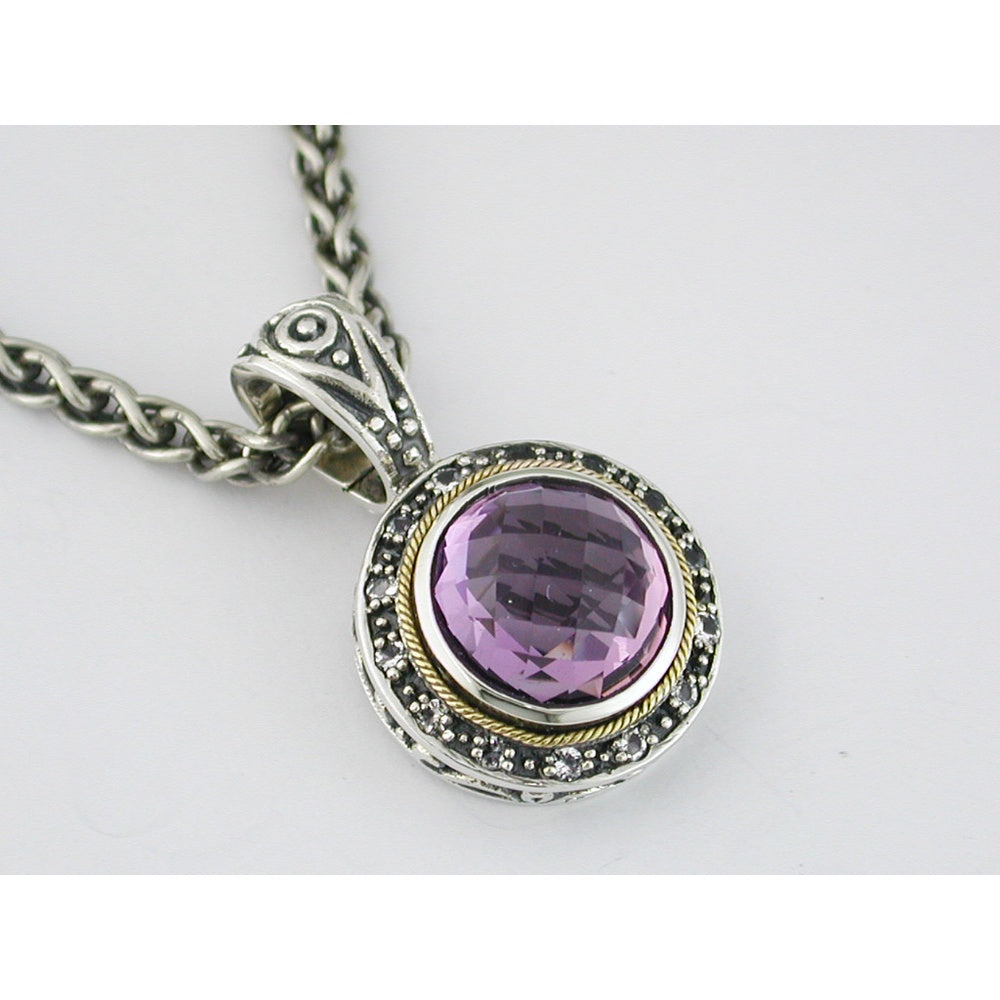 Silver Pendant with 7.00 Carat Round Amethyst and 0.25 Carat Accent Semi-Precious Stones Featuring Gold-Tone Rope Detail - Royal Jewelry