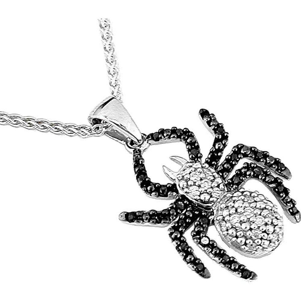 Silver Spider Pendant with Pavé-Set Round White and Black Diamonds - 0.27 Carat Total Diamond Weight - Royal Jewelry
