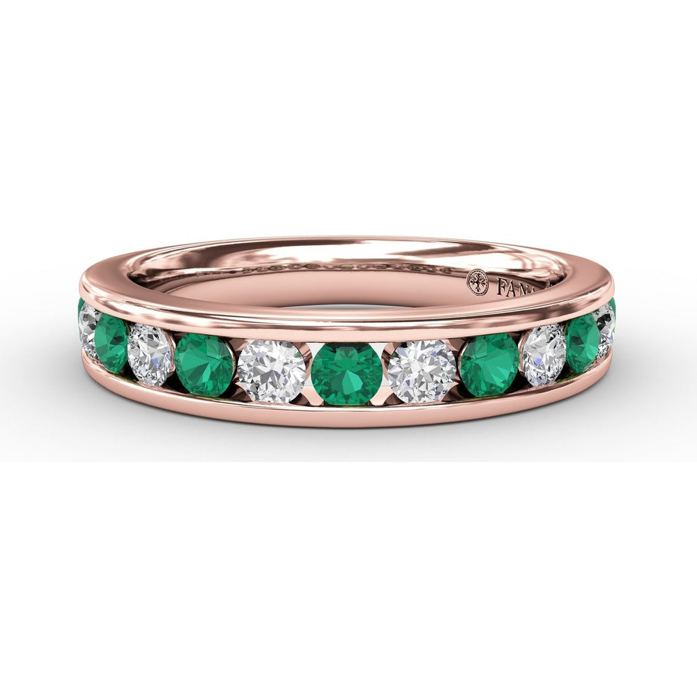Single Row Channel Set Round Emerald and Diamond Band by Fana - 0.79 Carat Total Gemstone Weight
