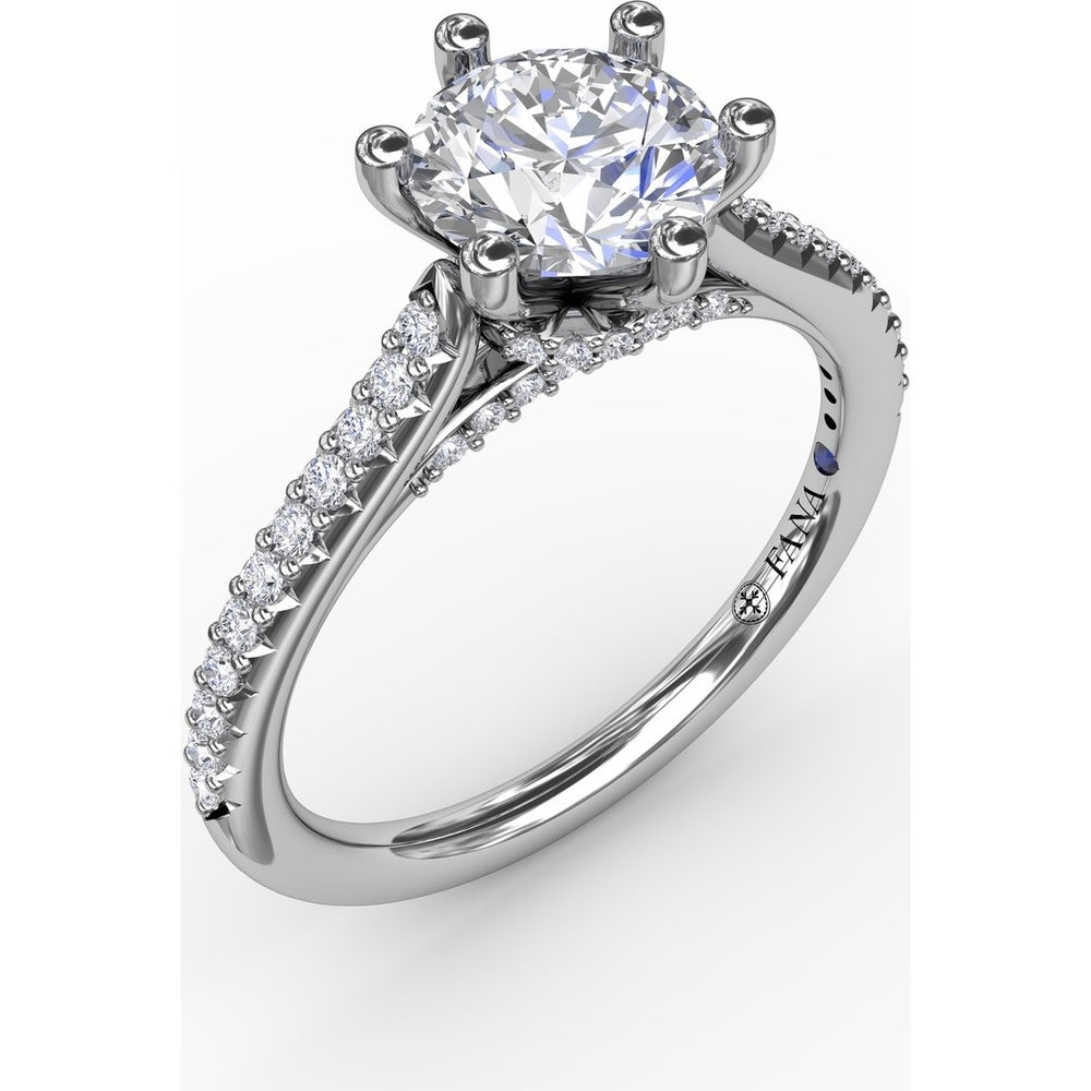 Six-Prong Round Diamond Engagement Ring Setting with Pavé and Bridge Diamonds by Fana - 0.31 Carat Total Diamond Weight