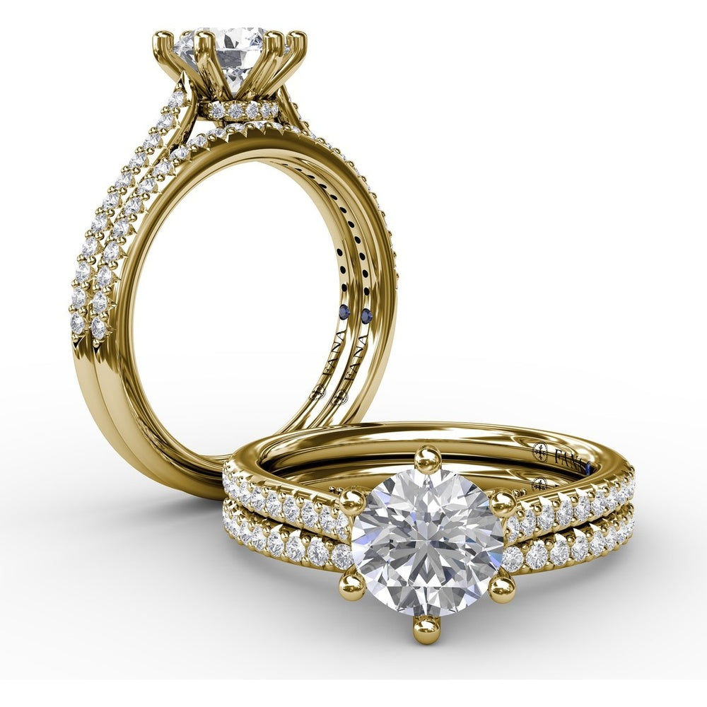 Six-Prong Round Diamond Engagement Ring Setting with Pavé and Bridge Diamonds by Fana - 0.31 Carat Total Diamond Weight