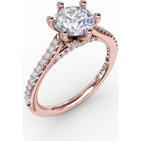 Six-Prong Round Diamond Engagement Ring Setting with Pavé and Bridge Diamonds by Fana - 0.31 Carat Total Diamond Weight