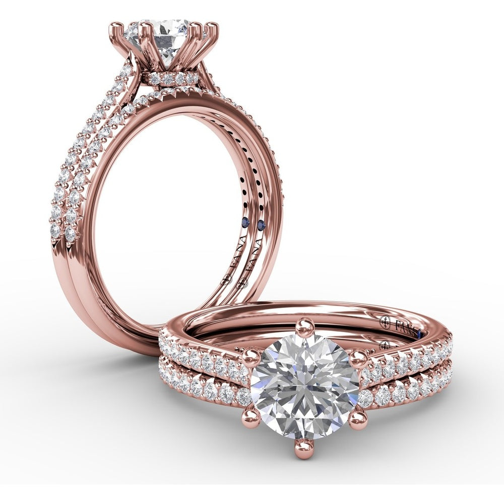 Six-Prong Round Diamond Engagement Ring Setting with Pavé and Bridge Diamonds by Fana - 0.31 Carat Total Diamond Weight