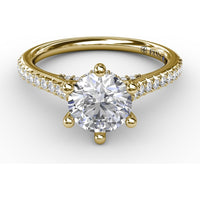 Six-Prong Round Diamond Engagement Ring Setting with Pavé and Bridge Diamonds by Fana - 0.31 Carat Total Diamond Weight