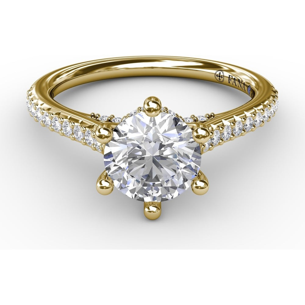 Six-Prong Round Diamond Engagement Ring Setting with Pavé and Bridge Diamonds by Fana - 0.31 Carat Total Diamond Weight