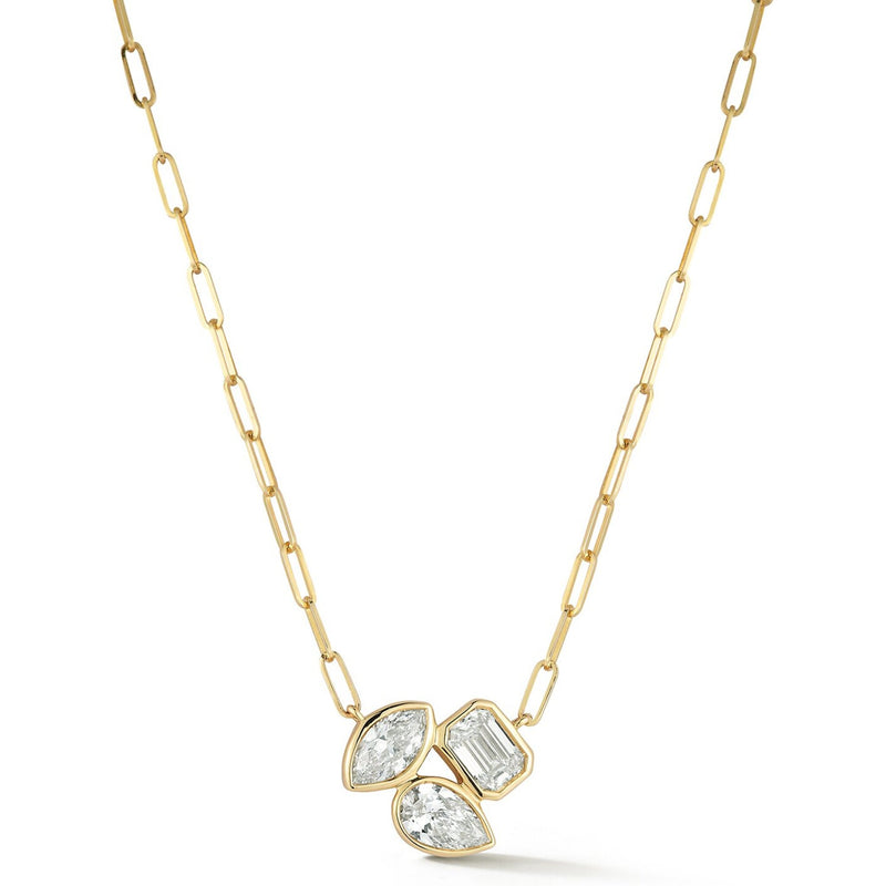 Sofer Jewelry - 3 Bezel Multi Shape Diamonds With Paperclip Chain Necklace in 14K Yellow Gold