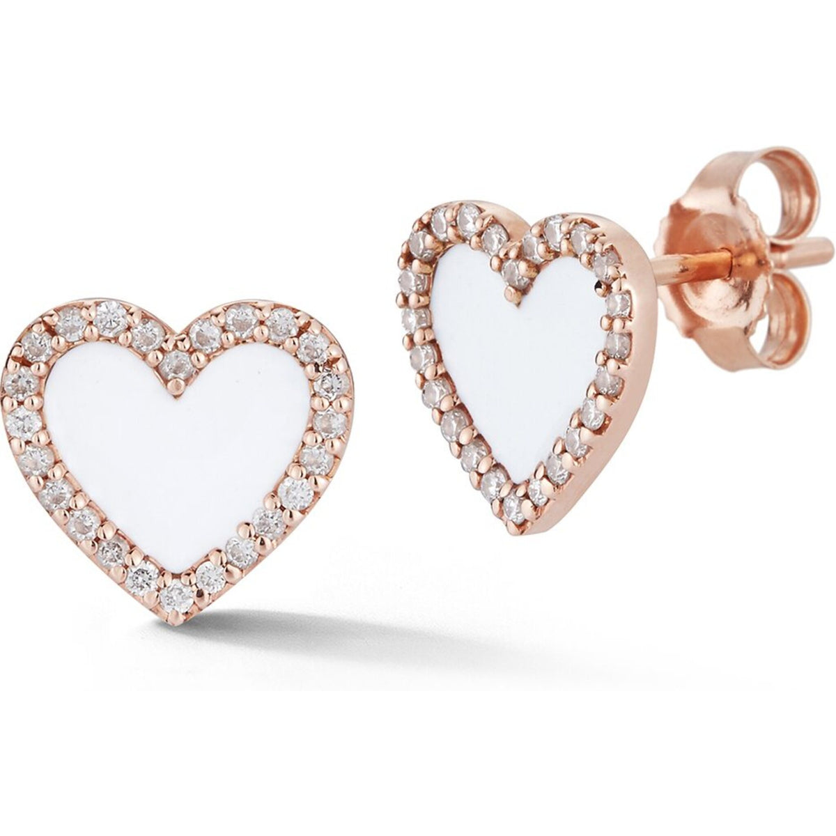 Sofer Jewelry - White Enamel Heart Stud Earring With Diamond Border in 14K Rose Gold