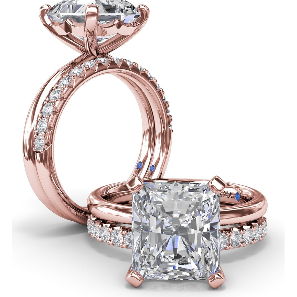 Solitaire Engagement Ring Setting with Tapered Band and Four-Prong Set Radiant Cut Center Stone by Fana