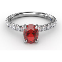 Solitaire Ring with Oval Ruby and Pavé Diamond Accents by Fana - 1.49 Carat Total Gemstone Weight