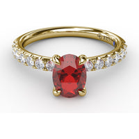 Solitaire Ring with Oval Ruby and Pavé Diamond Accents by Fana - 1.49 Carat Total Gemstone Weight