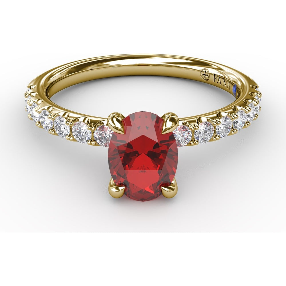 Solitaire Ring with Oval Ruby and Pavé Diamond Accents by Fana - 1.49 Carat Total Gemstone Weight