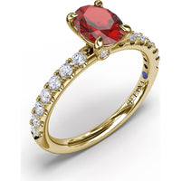 Solitaire Ring with Oval Ruby and Pavé Diamond Accents by Fana - 1.49 Carat Total Gemstone Weight