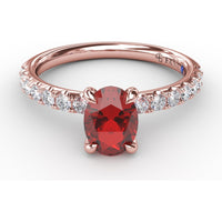 Solitaire Ring with Oval Ruby and Pavé Diamond Accents by Fana - 1.49 Carat Total Gemstone Weight