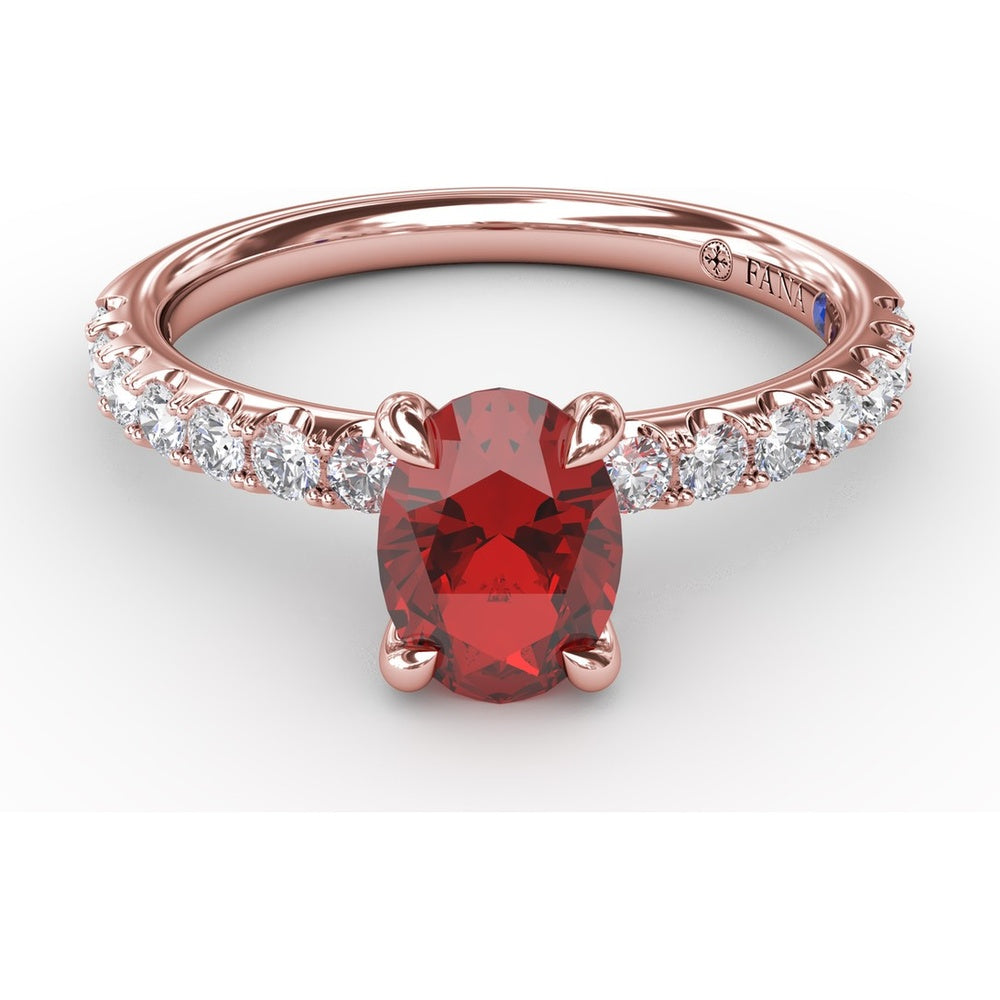 Solitaire Ring with Oval Ruby and Pavé Diamond Accents by Fana - 1.49 Carat Total Gemstone Weight