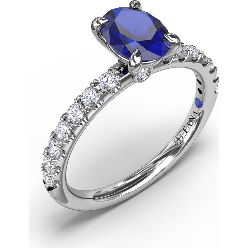 Solitaire Ring with Oval Sapphire and Pavé Diamond Band by Fana - 1.49 Carat Total Gemstone Weight