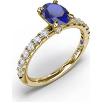 Solitaire Ring with Oval Sapphire and Pavé Diamond Band by Fana - 1.49 Carat Total Gemstone Weight