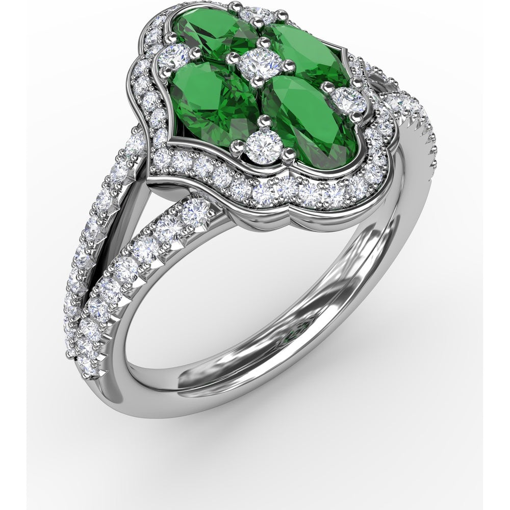 Split Shank Cluster Ring with Marquise Emeralds and Pavé Diamonds by Fana - 1.53 Carat Total Gemstone Weight