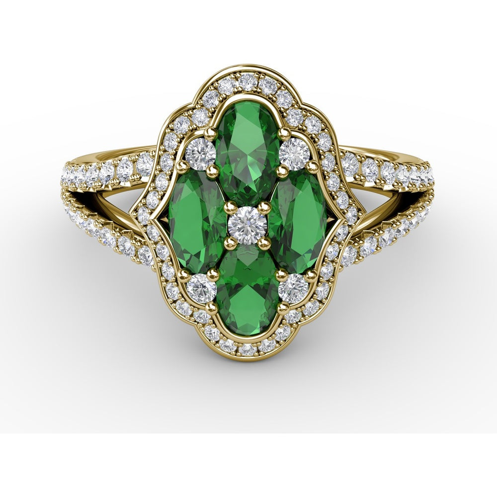 Split Shank Cluster Ring with Marquise Emeralds and Pavé Diamonds by Fana - 1.53 Carat Total Gemstone Weight