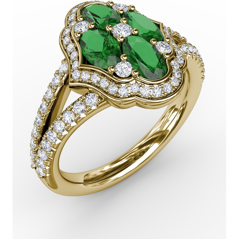 Split Shank Cluster Ring with Marquise Emeralds and Pavé Diamonds by Fana - 1.53 Carat Total Gemstone Weight