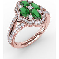 Split Shank Cluster Ring with Marquise Emeralds and Pavé Diamonds by Fana - 1.53 Carat Total Gemstone Weight