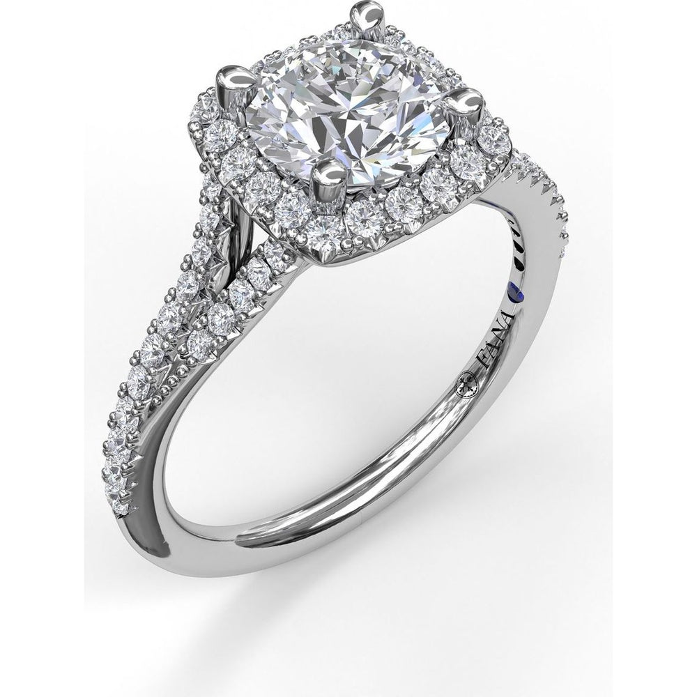 Split Shank Cushion Halo Engagement Ring Setting with Pavé Diamonds by Fana - 0.43 Carat Total Diamond Weight