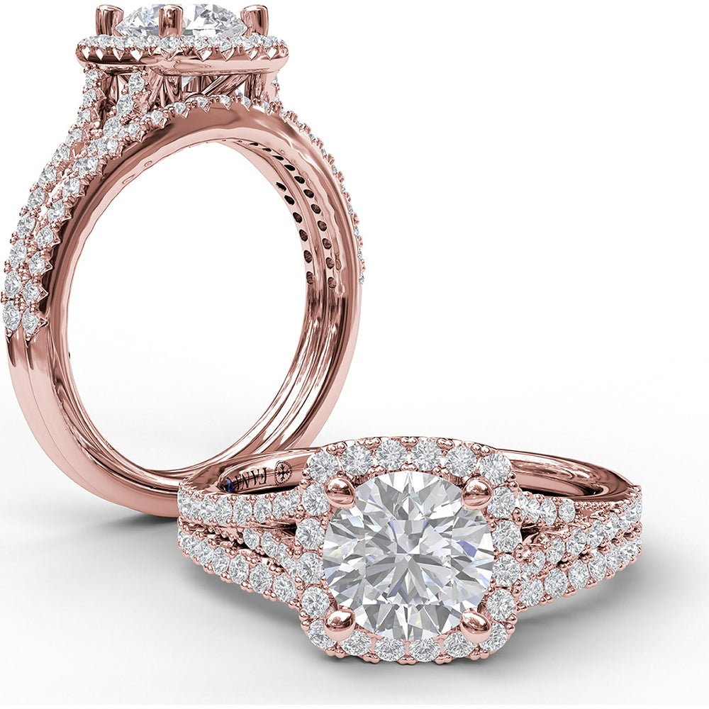 Split Shank Cushion Halo Engagement Ring Setting with Pavé Diamonds by Fana - 0.43 Carat Total Diamond Weight