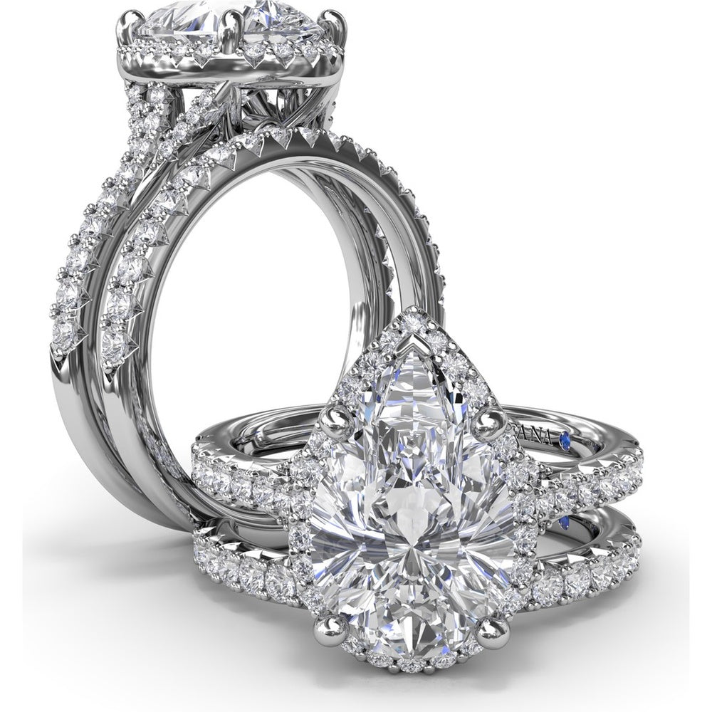 Split Shank Diamond Halo Engagement Ring Setting with Pear Shape Center by Fana - 0.50 Carat Total Diamond Weight