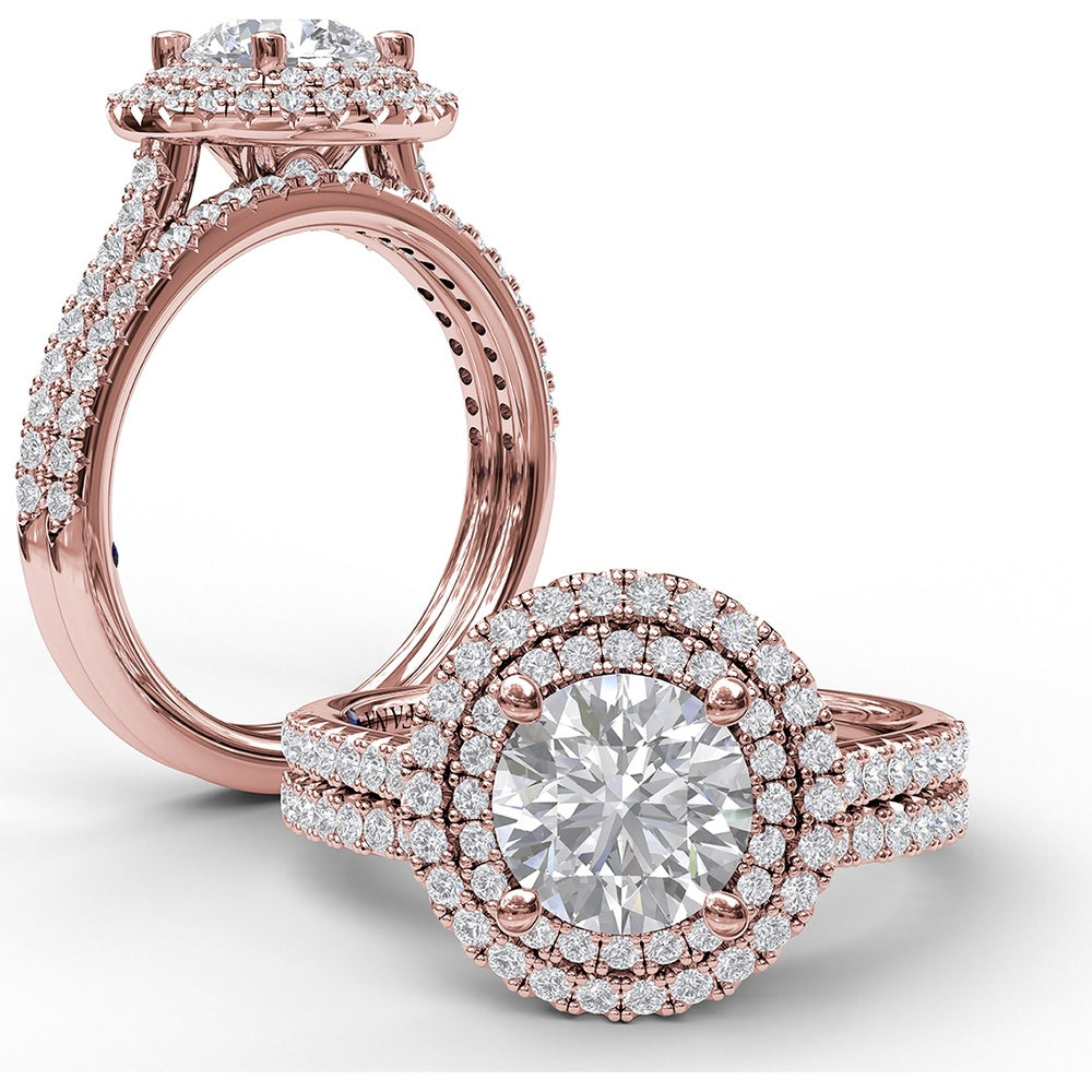 Split Shank Double Halo Engagement Ring Setting with Pavé Diamonds by Fana - 0.55 Carat Total Diamond Weight