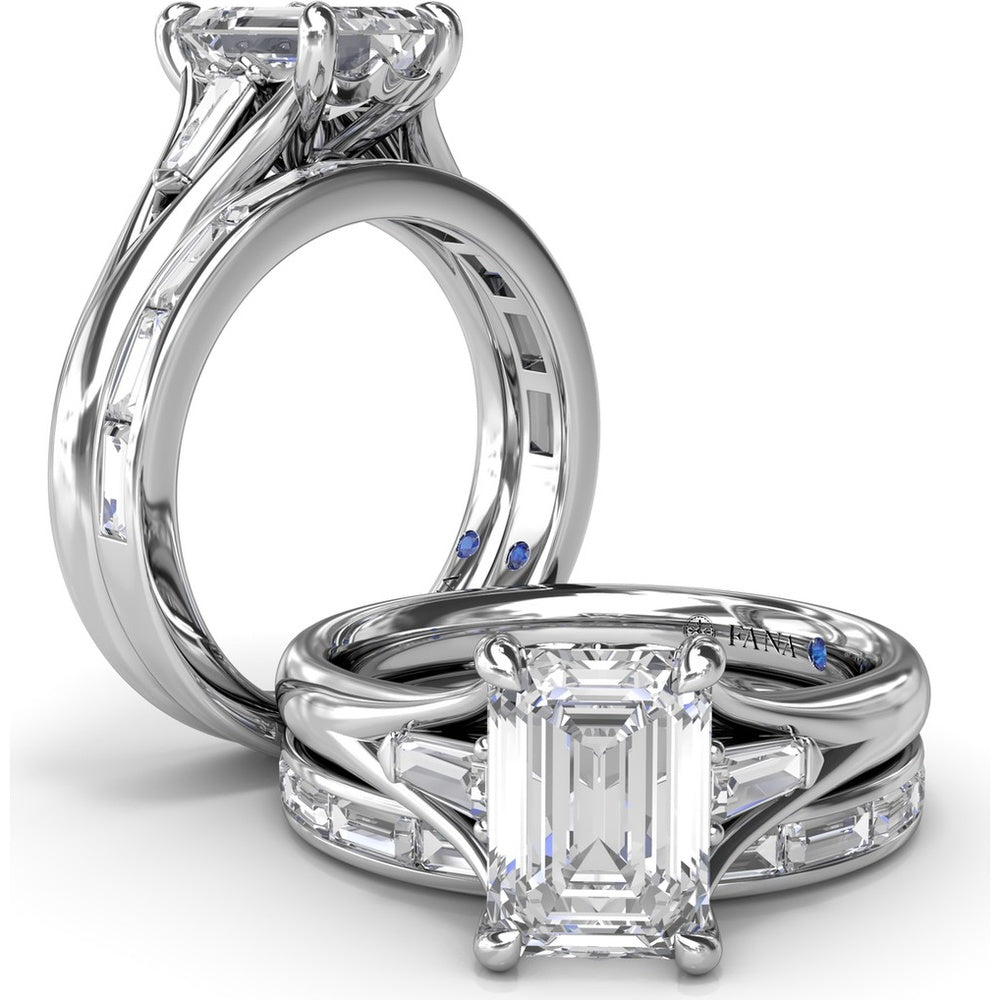 Split Shank Emerald Cut Diamond Engagement Ring Setting with Tapered Baguette Side Stones by Fana - 0.26 Carat Total Diamond Weight