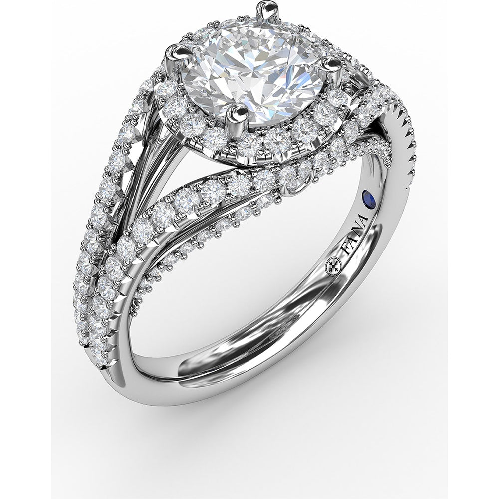 Split Shank Engagement Ring Setting with Round Halo and Pavé Diamond Band by Fana - 0.72 Carat Total Diamond Weight