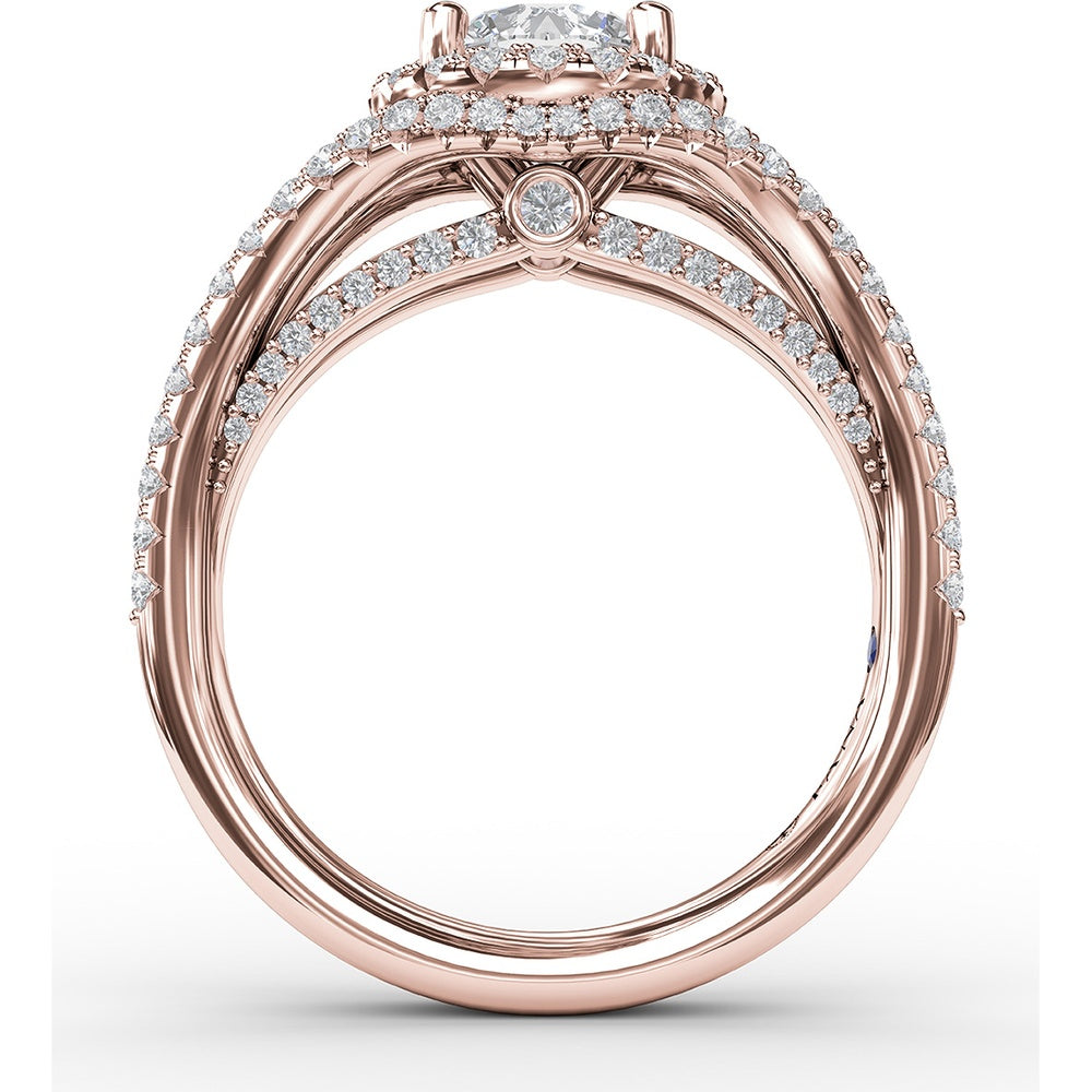 Split Shank Engagement Ring Setting with Round Halo and Pavé Diamond Band by Fana - 0.72 Carat Total Diamond Weight
