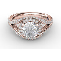Split Shank Engagement Ring Setting with Round Halo and Pavé Diamond Band by Fana - 0.72 Carat Total Diamond Weight