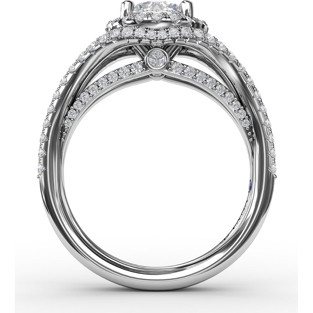 Split Shank Engagement Ring Setting with Round Halo and Pavé Diamond Band by Fana - 0.72 Carat Total Diamond Weight