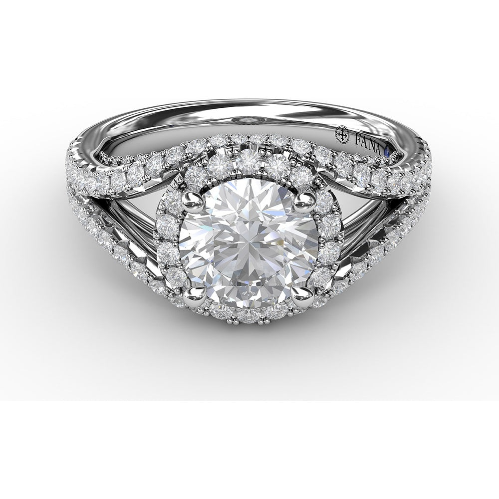 Split Shank Engagement Ring Setting with Round Halo and Pavé Diamond Band by Fana - 0.72 Carat Total Diamond Weight