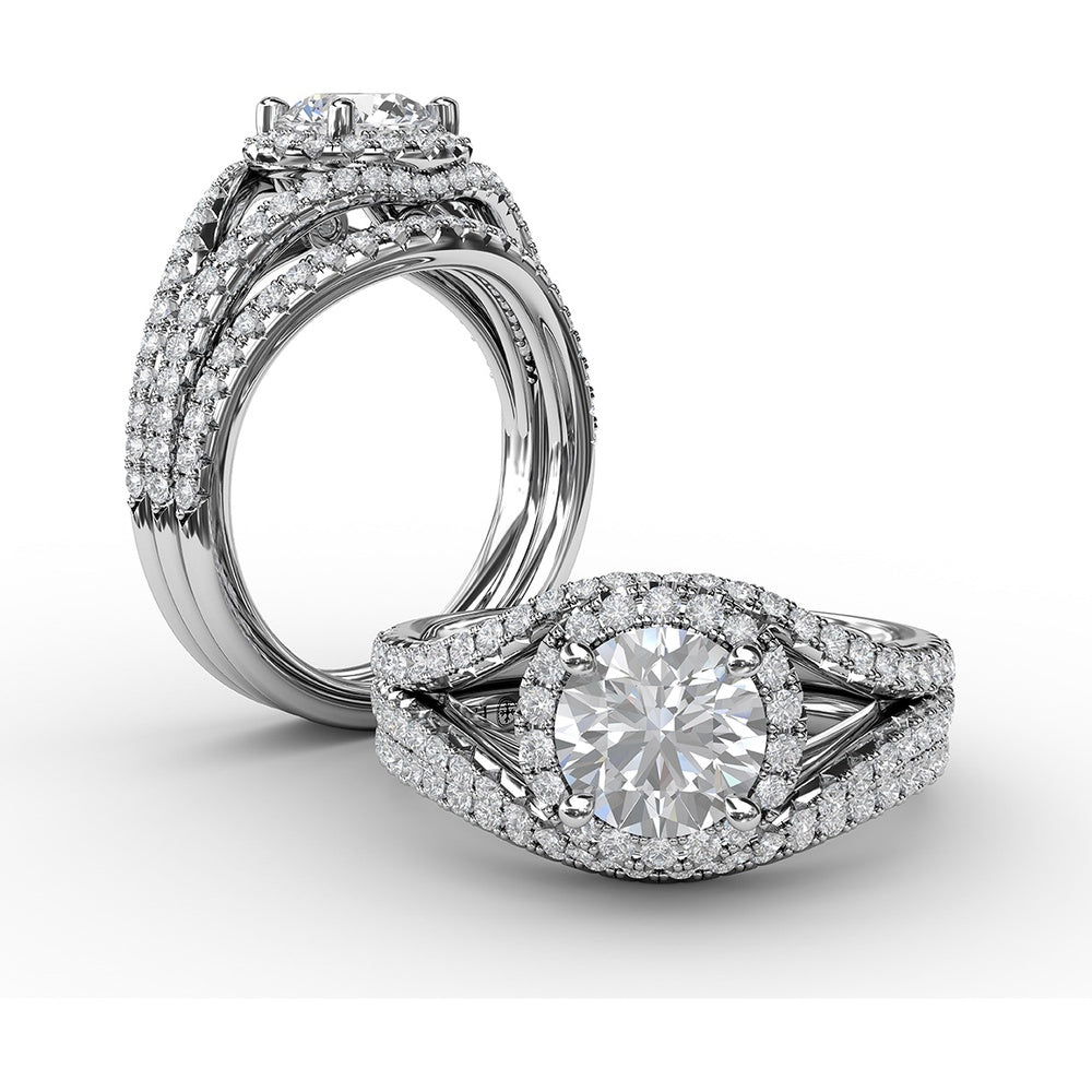 Split Shank Engagement Ring Setting with Round Halo and Pavé Diamond Band by Fana - 0.72 Carat Total Diamond Weight