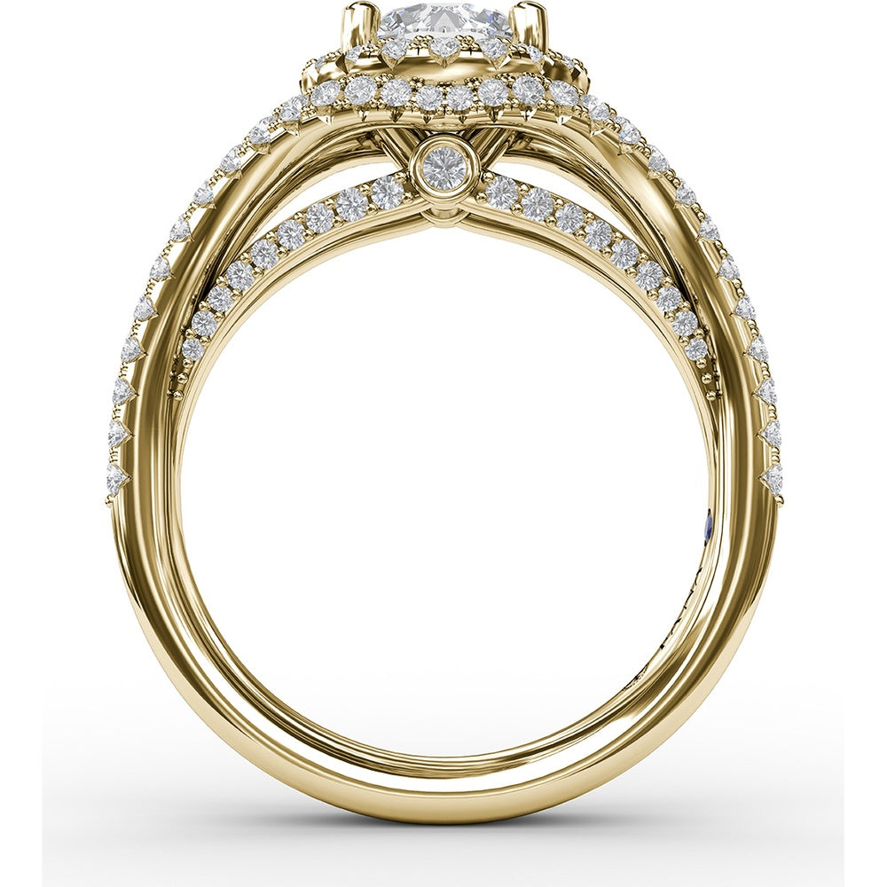 Split Shank Engagement Ring Setting with Round Halo and Pavé Diamond Band by Fana - 0.72 Carat Total Diamond Weight