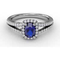 Split Shank Engagement Ring with Oval Sapphire and Diamond Halo by Fana - 0.95 Carat Total Gemstone Weight