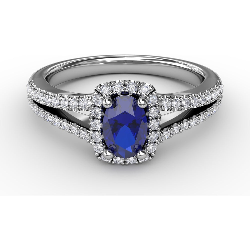 Split Shank Engagement Ring with Oval Sapphire and Diamond Halo by Fana - 0.95 Carat Total Gemstone Weight