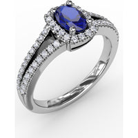 Split Shank Engagement Ring with Oval Sapphire and Diamond Halo by Fana - 0.95 Carat Total Gemstone Weight