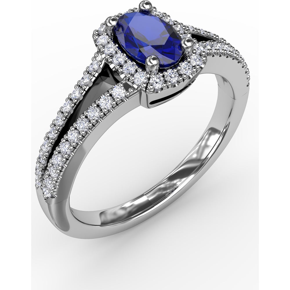 Split Shank Engagement Ring with Oval Sapphire and Diamond Halo by Fana - 0.95 Carat Total Gemstone Weight