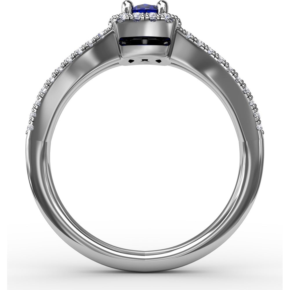 Split Shank Engagement Ring with Oval Sapphire and Diamond Halo by Fana - 0.95 Carat Total Gemstone Weight